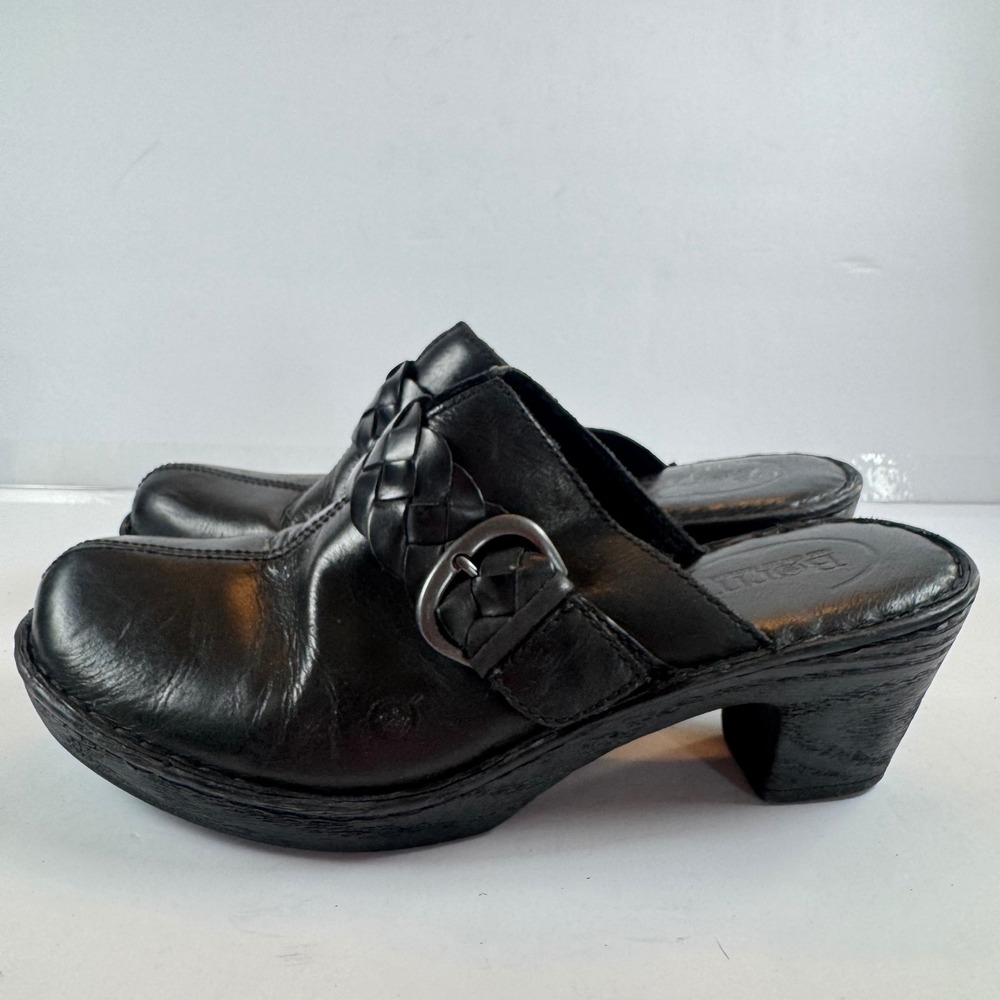 Born Black Leather Braided Buckle Clog Mules Block Heel Womens 10M D47003